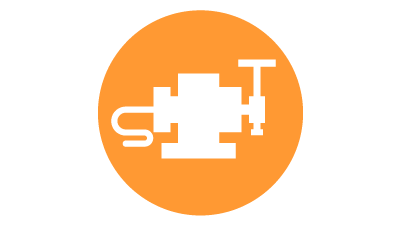 Witte icoon van een gereedschapinsteltaster voor meten in het proces voor industriële automatisering op een oranje cirkel
