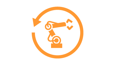 Pomarańczowa ikona robota przemysłowego wewnątrz okrągłej strzałki