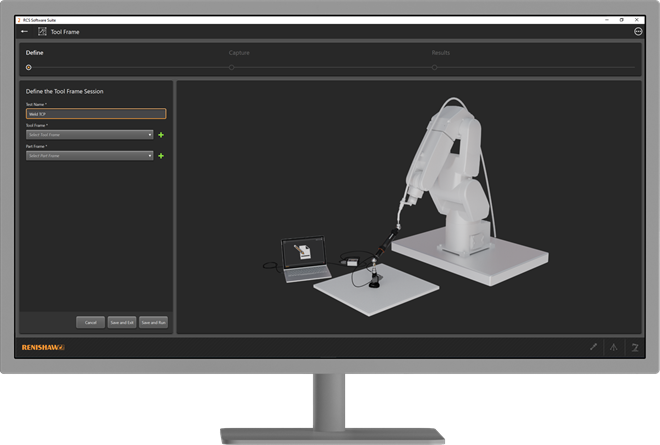 Monitor pulpitu wyświetlający etap konfiguracji układu współrzędnych narzędzia w zautomatyzowanym gnieździe przy użyciu pakietu RCS Software Suite.